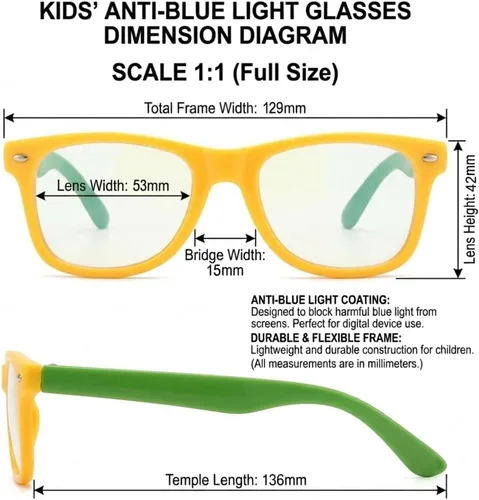 Miniatura 2 de Lentes rectangulares digitales con bloqueo de luz azul para niños y niñas de 5 a 12 años Amarillo