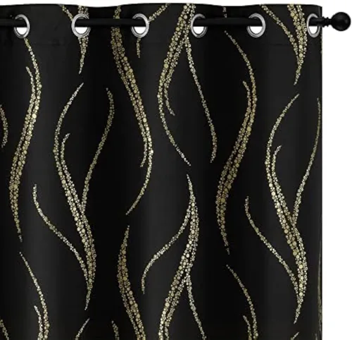 Miniatura 70 de Yakamok Cortinas opacas de 84 pulgadas de largo para sala de estar, con aislamiento térmico, patrón de líneas onduladas doradas, patrón de puntos