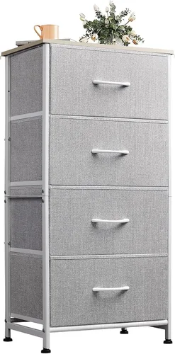WLIVE Cómoda de 4 cajones para dormitorio, unidad organizadora de almacenamiento de ropa de tela gris claro, cómoda para pasillo, entrada, armarios,