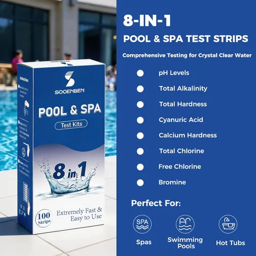 Miniatura 2 de Tiras de prueba 8 en 1 para piscina y spa, tiras selladas individualmente (10 paquetes de 10) para bañera de hidromasaje y piscina, pruebas precisas