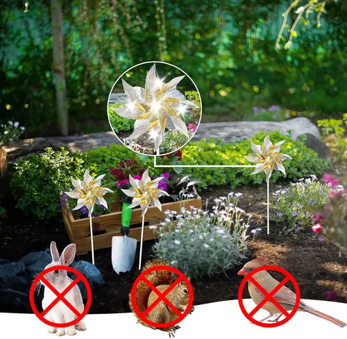Miniatura 3 de Paquete de 10 molinetes reflectantes para patio y jardín, giradores de viento para exteriores dispositivos para ahuyentar pájaros, molinetes Dorado