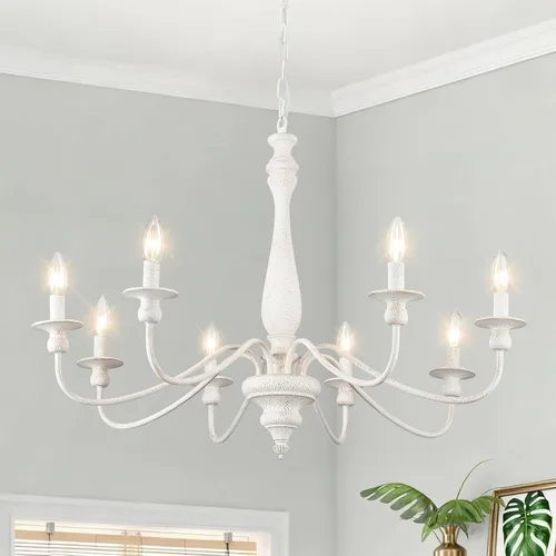 Candelabros de granja para comedor, 6 luces envejecidas blancas francesas de campo, lámpara rústica de madera vintage, lámpara colgante para