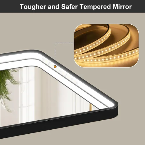 Miniatura 5 de Espejo de baño LED de 24x32 pulgadas con luces, espejo LED con marco de metal negro para baño, 3 colores y luz regulable sin escalones montada
