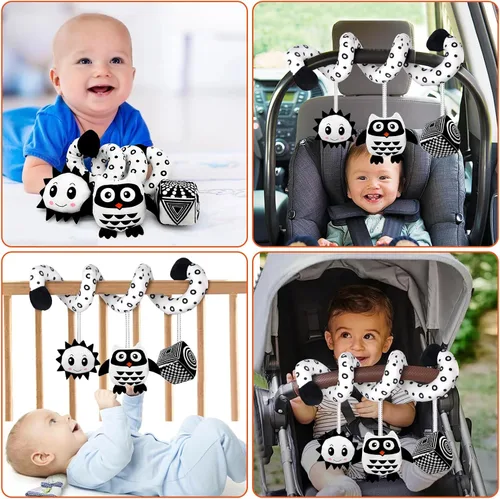 Miniatura 7 de SAMMAS Juguetes Colgantes en Espiral para Cochecito y Asiento de Auto para Bebés de 0-6 Meses, Juguetes de Actividad de Felpa para Recién Nacidos