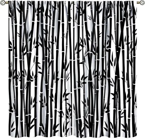 Miniatura 44 de Cortinas con estampado de bambú verde natural, plantas asiáticas, japonesas, tallos rústicos, hojas, cortina de selva con bolsillo para cortinero