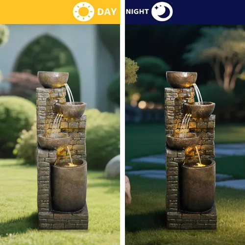 Miniatura 4 de Hamiedun Fuente de agua de 38.2 pulgadas de alto para exteriores, cuencos en cascada y piedras apiladas con luces LED, fuente de cascadas