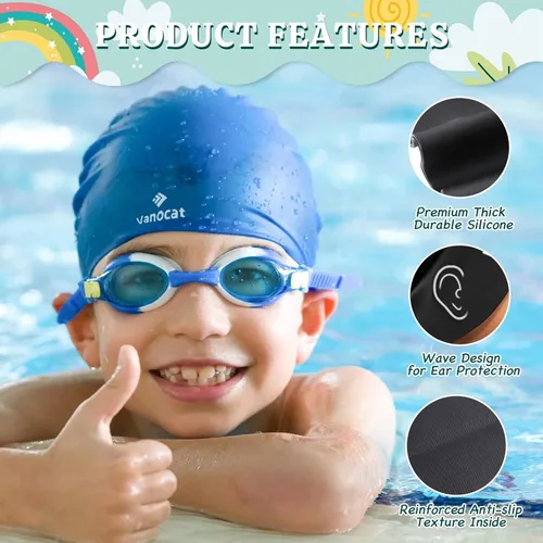 Miniatura 3 de 2 paquetes de gorras de natación para niños para cabello largo/corto, gorro de natación unisex de silicona para niños de 3 a 15 años, niños