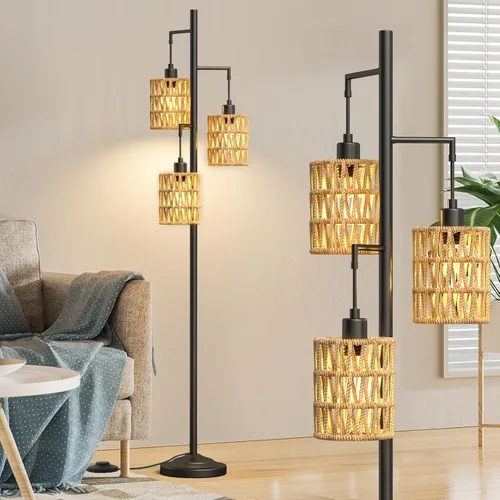 Lámparas de pie de ratán de 3 luces con interruptor de pie ON/OFF, lámpara de pie tipo árbol con pantallas de lámpara de ratán de madera, lámpara de
