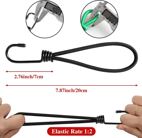 Miniatura 6 de Cuerda elástica pequeña de 7 pulgadas con ganchos, cuerdas elásticas negras resistentes al aire libre con ganchos para camping, lonas, tiendas
