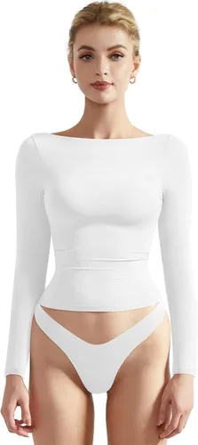 Miniatura 21 de SUUKSESS Camiseta de mujer con cuello redondo, manga larga, doblemente forrada, ajustada y corta