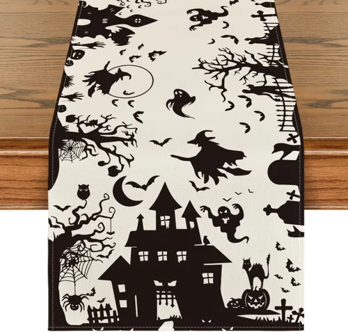 Artoid Mode Camino de mesa espeluznante de Halloween, árbol de casa embrujada, color blanco y negro, decoración de mesa de comedor para decoración
