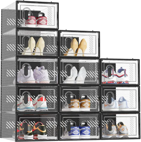 Miniatura 9 de SIMPDIY Almacenamiento de zapatos, paquete de 12 organizadores de zapatos para armario, cajas de zapatos apilables de plástico transparente con Negro