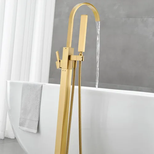 Miniatura 5 de Grifo de Bañera Independiente de Montaje en Piso Llenador de Bañera Latón Dorado Cepillado Grifos de Baño Mango Único con Ducha de Mano Oro cepillado
