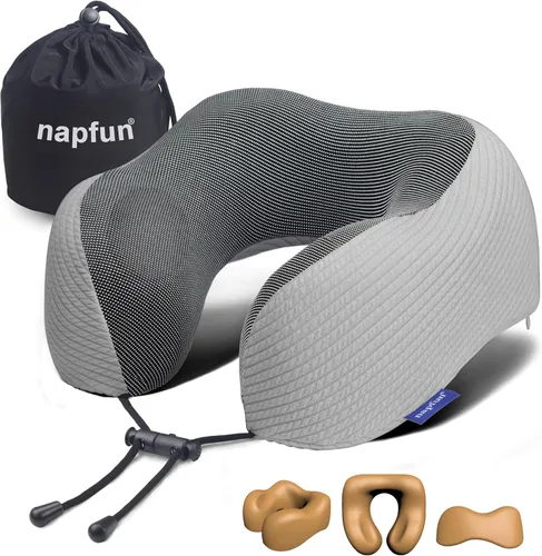 Miniatura 9 de NapFun - Almohada de cuello para viajes, mejorada para viajar por avión 100% espuma viscoelástica para dormir y descansar durante los vuelos, Gris