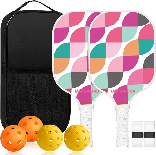 Juego de 2 palas de pickleball de fibra de vidrio, 2 raquetas de pickleball, 4 bolas, 2 agarres y 1 bolsa de transporte portátil, paquete de 2 Rosado