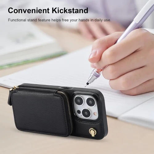 Miniatura 6 de Bocasal Funda tipo cartera cruzada para iPhone 15 Pro, funda de piel con bloqueo RFID y soporte para tarjetas, funda protectora con cremallera