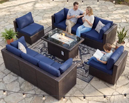 Miniatura 47 de BULEXYARD Juego de muebles de patio de respaldo alto de 7 piezas con mesa de fogata de combustible dual propano/gas natural, sofá seccional