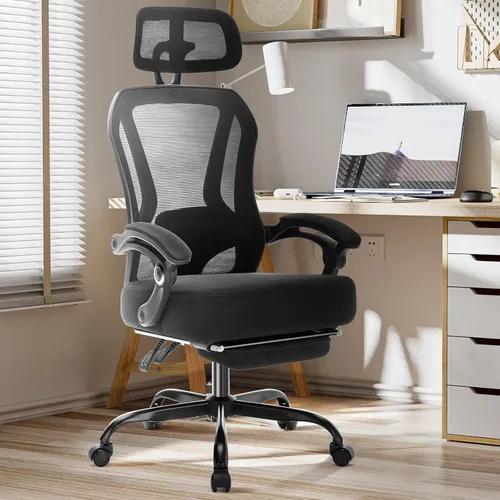 Miniatura 9 de Silla de oficina ergonómica con reposapiés, silla de escritorio reclinable ultra gruesa con soporte lumbar ajustable 2D y reposacabezas, cojín