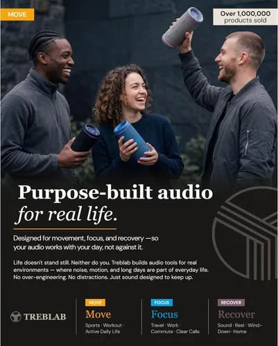 Miniatura 11 de TREBLAB HD77 - Altavoz Bluetooth ultra premium - Sonido envolvente HD de 360°, emparejamiento dual inalámbrico, estéreo de 25 W, graves fuertes