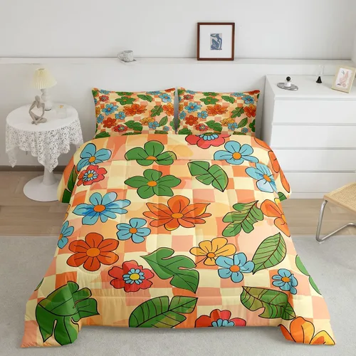 Miniatura 28 de Juego de ropa de cama con estampado floral bohemio, tamaño individual, diseño retro de flores groovy, 60S y 70S, juego de edredón de flores hippie
