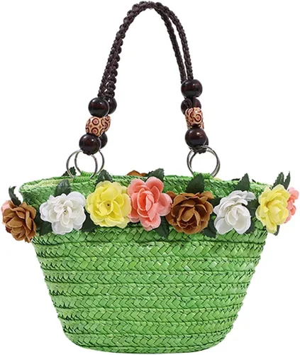 Helenbra Bolso de mano de paja de flores para mujer, bolso de hombro con asa trenzada retro de verano, bolso de hombro bohemio para playa y viaje