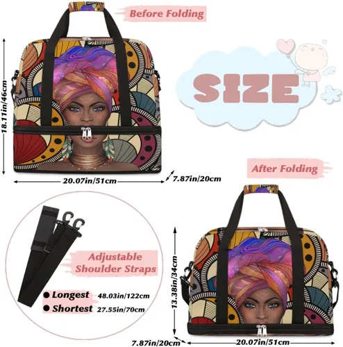 Miniatura 2 de Bolsa de viaje africana afro mujer deportiva bolsa de gimnasio para mujer y hombre, bolsa plegable impermeable para fin de semana para entrenamiento