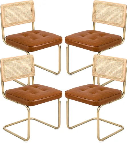 Miniatura 20 de CangLong Juego de 2 sillas de comedor de terciopelo, sillas de comedor de ratán con patas de metal y respaldo de ratán de malla natural, sillas