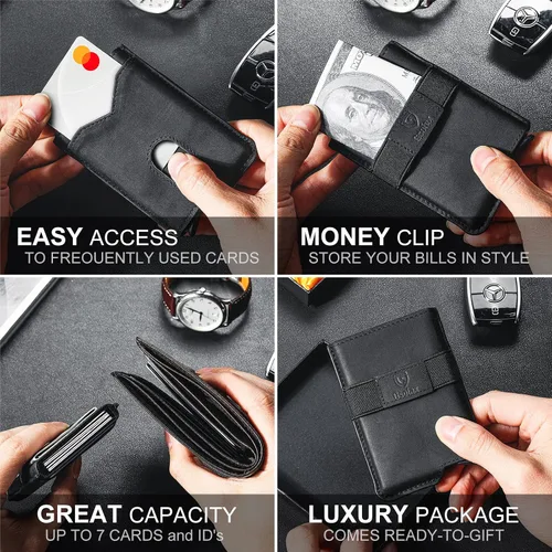 Miniatura 3 de GSOIAX Cartera delgada para hombre, piel auténtica, piel vacuna minimalista con bloqueo RFID y caja de regalo, Negro -, Slim