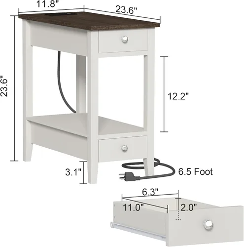 Miniatura 3 de Treocho Juego de 2 Mesas Auxiliares de Estilo Rústico para Sala de Estar, Mesa Lateral Estrecha con Estación de Carga, Mesa de Color Blanco Suave