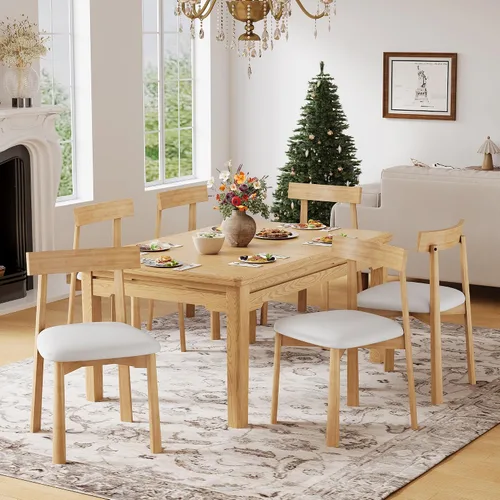 Miniatura 8 de Juego de 2 sillas de comedor de madera maciza con respaldo curvo, modernas sillas auxiliares de cocina de piel sintética de mediados de siglo