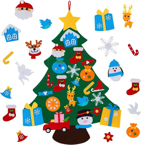 Miniatura 8 de Abakuku Árbol de Navidad de fieltro de bricolaje de 0,9 m para niños con 31 adornos desmontables, decoración navideña para colgar en la pared