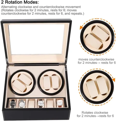 Miniatura 2 de J&T Technology Enrollador automático de reloj para 4 rotador de reloj + 6 almacenamiento de relojes, 2 modos de rotación, motor Mabuchi japonés