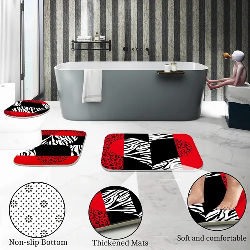 Miniatura 4 de Poedist Juego de 4 cortinas de baño, cortinas de ducha con estampado de leopardo rojo con estilo brillante, alfombras