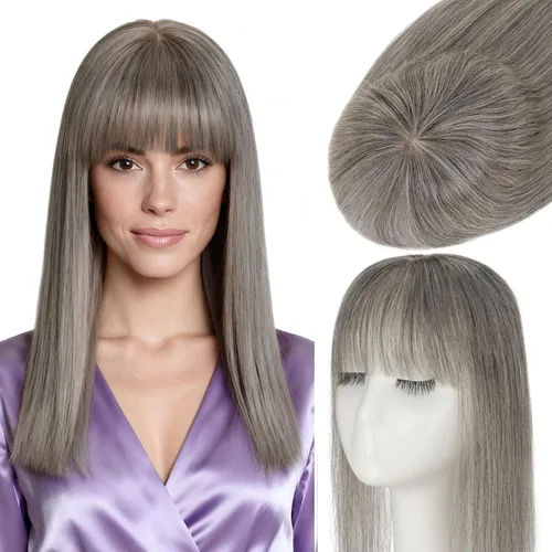 Miniatura 11 de Rich Choices Toppers de cabello humano para mujer, 100% real Remy con flequillo 3D de 360°, densidad del 150% mejorada, 3.5 x 4.7 in, base de encaje