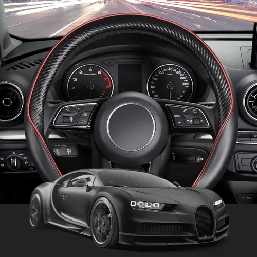 Miniatura 2 de SEG Direct - Funda universal para volante de coche, tamaño estándar de 14 1/2 a 15 pulgadas, cuero con patrón de fibra de carbono, negro y rojo