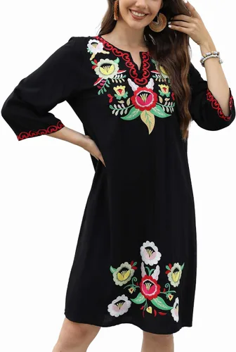Vestido bordado mexicano para mujer, vestidos bordados florales para mujer, estilo bohemio, campesino, manga 34, vestido de fiesta, falda casual