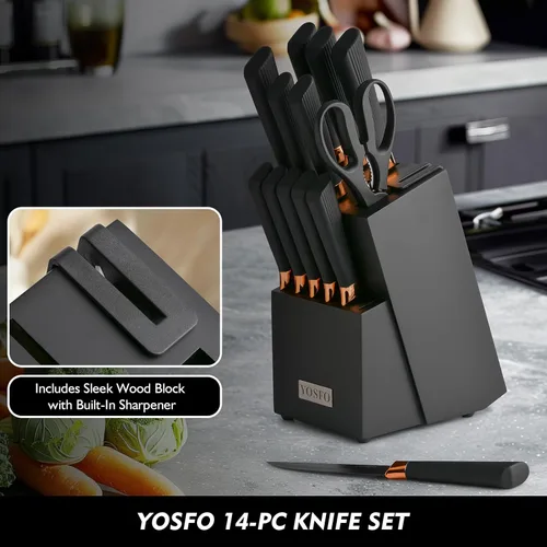 Miniatura 4 de Juego de cuchillos de cocina, 15 piezas con bloque y afilador, acero inoxidable de alto carbono ultra afilado, apto para lavavajillas