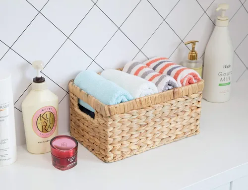 Miniatura 2 de Cesta rectangular de mimbre de jacinto de agua tejido natural con asas, organizador de almacenamiento pequeño, bandeja de cesta poco profunda de 12