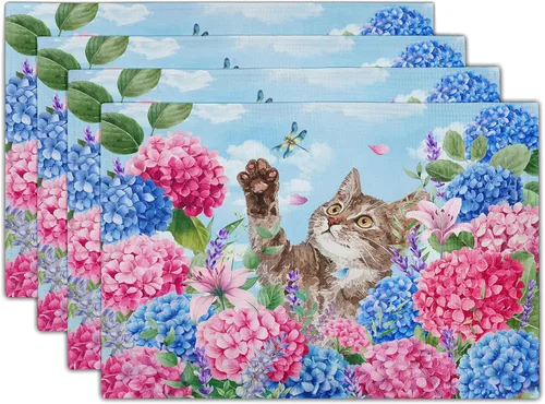 Miniatura 23 de Juego de 4 manteles individuales con estampado de flores de acuarela para decoración de mesa de comedor en el hogar, interior y exterior