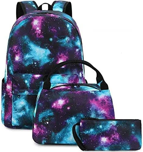 Juego de mochila de lona impermeable Galaxy para laptop de 14 pulgadas, mochila escolar universitaria con lonchera y estuche para lápices