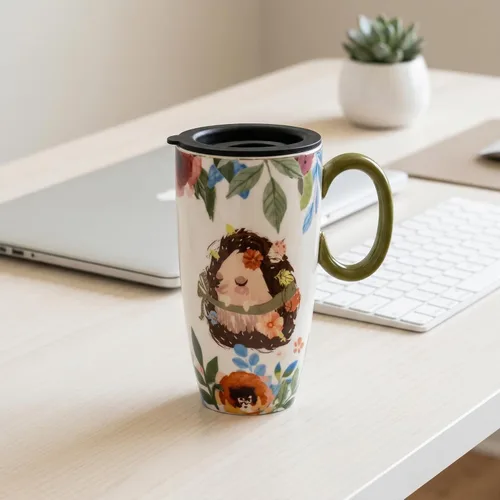 Miniatura 5 de Taza de viaje de cerámica con tapa, tazas de café altas con asa, taza de café y té de porcelana, bonito diseño de erizo, regalos de cumpleaños