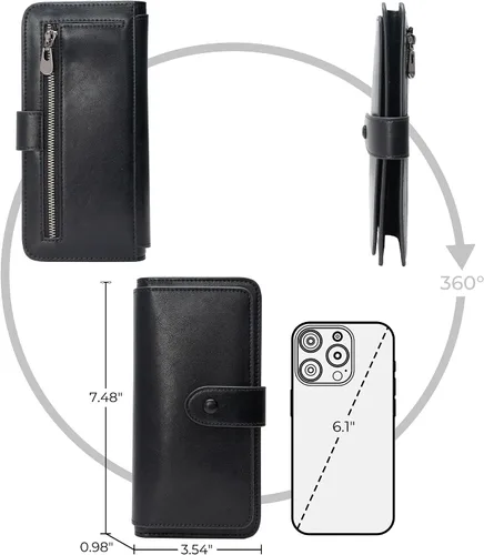 Miniatura 4 de Cartera de cuero con bloqueo RFID para mujeres, diseño delgado de triple pliegue con 14 ranuras para tarjetas y bolsillo con cremallera, Negro