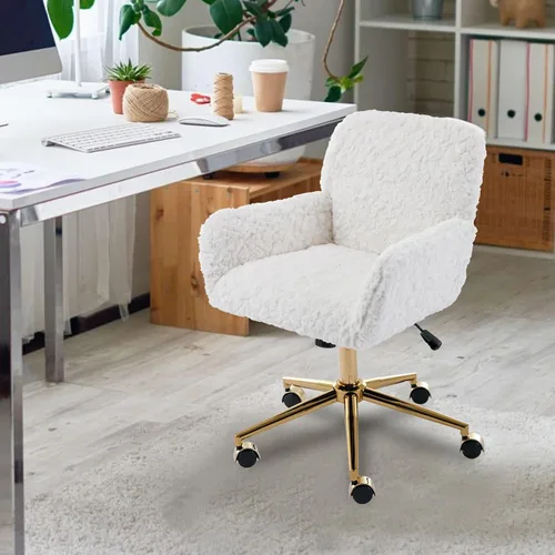 Miniatura 7 de SSLine Silla de escritorio de piel sintética, moderna y bonita silla de oficina, cómoda silla giratoria de tela de peluche mullida con ruedas
