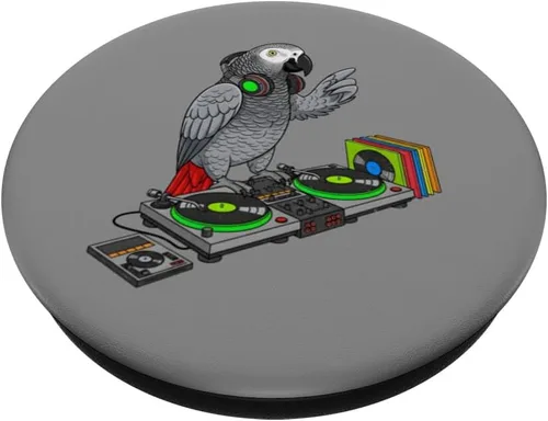 Miniatura 2 de Tocadiscos de vinilo con diseño de loro de música retro, color gris africano, PopSockets adhesivos, PopGrip