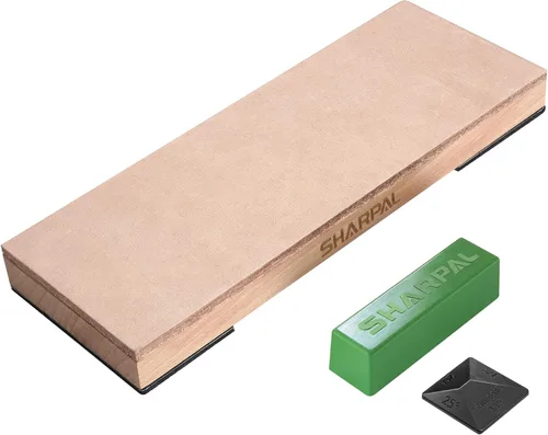 Miniatura 7 de SHARPAL 205H Asentador de Cuero de Doble Cara (Cuero Genuino de Vaca) 13.2" x 2.4" Kit con Compuesto de Pulido de 2 Oz. y Guía de Ángulo, Bloque