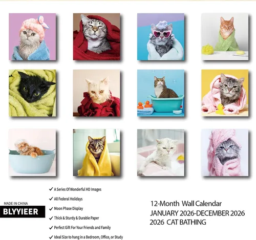 Miniatura 2 de Calendario de pared 2026, calendario de gatos 2026, calendario mensual de pared de baño de gatos, 12 x 24 pulgadas abierto, planificador familiar