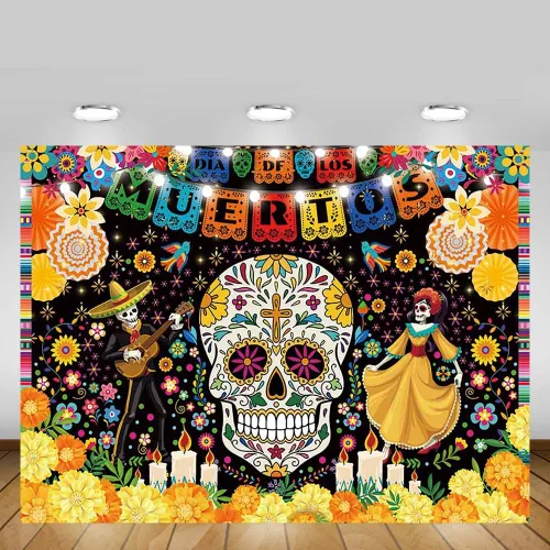 Miniatura 6 de MEHOFOND Telón de fondo del Día de los Muertos de 7 x 5 pies para fiesta mexicana, Día de los Muertos, decoración de fiesta de cumpleaños, pancarta