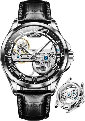 OLEVS Relojes de esqueleto para hombre, automático, mecánico, de lujo, de cuero, impermeable, luminoso, reloj de pulsera para hombre