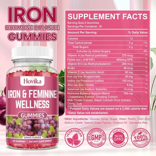 Miniatura 3 de Gomitas de equilibrio de hierro y hormonas para mujeres, suplemento de hierro de 40 mg de anemia con multivitamínico para mujeres, zinc, selenio