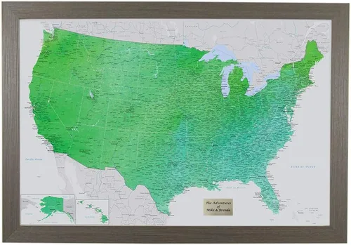 Miniatura 15 de Push Pin Travel Maps Encantador verde esmeralda personalizado Estados Unidos con alfileres y marco marrón de 27.5 x 39.5 pulgadas - Mapa tus viajes